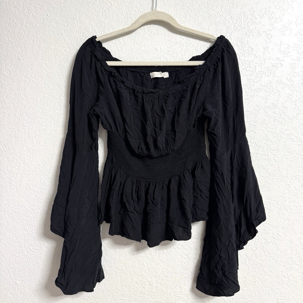 Peasant Blouse Large Black Off Shoulder Bell Sleeve Smocked Renaissance Boho